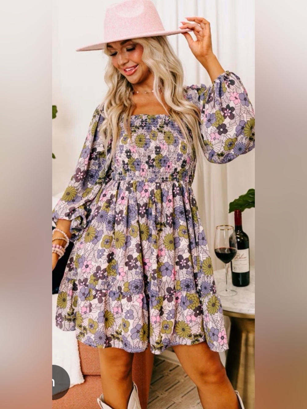 NWT- entro Floral Smocked Mini Dress in Lavender, Olive & Pink